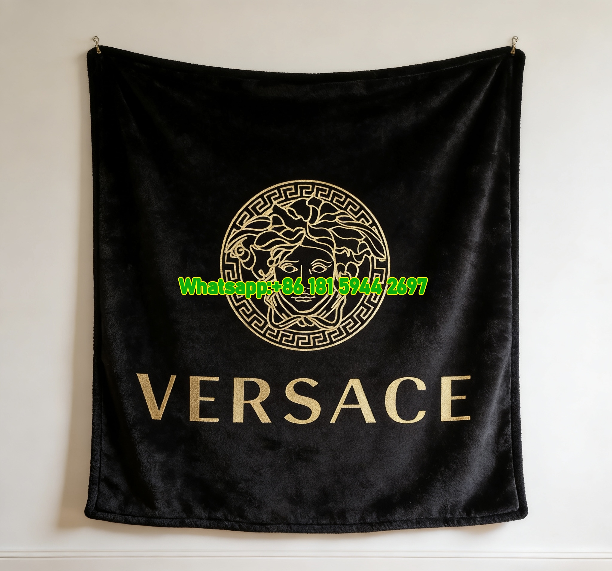 Versace Black Gold Medusa Logo Printed Flannel Throw Blanket IMG_1296